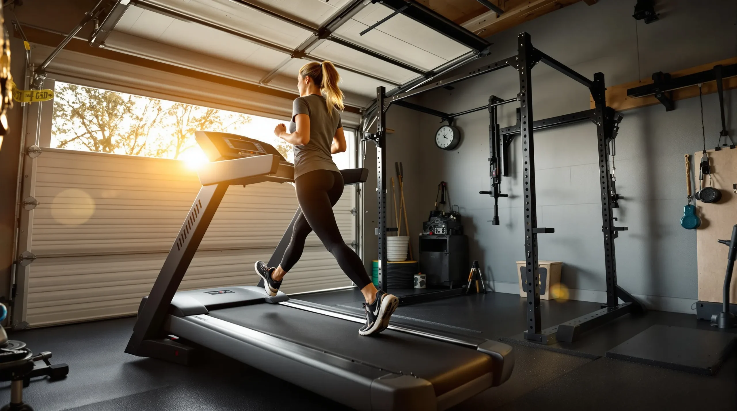 durable home gym with sturdy treadmill and steel power rack in a garage
