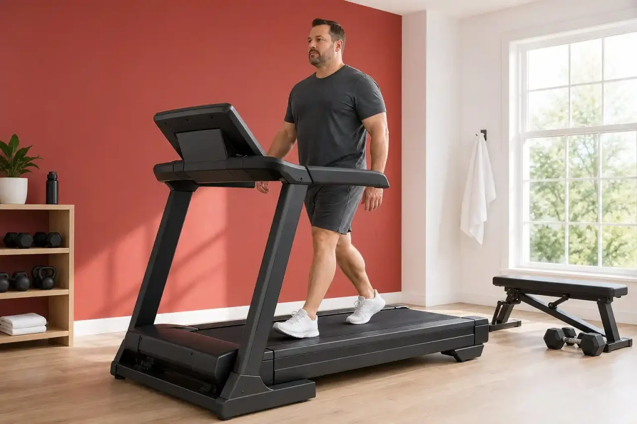 Beginner Treadmill for Home Fitness Heavy-duty treadmill for heavy people supporting a large-framed adult during a home workout.