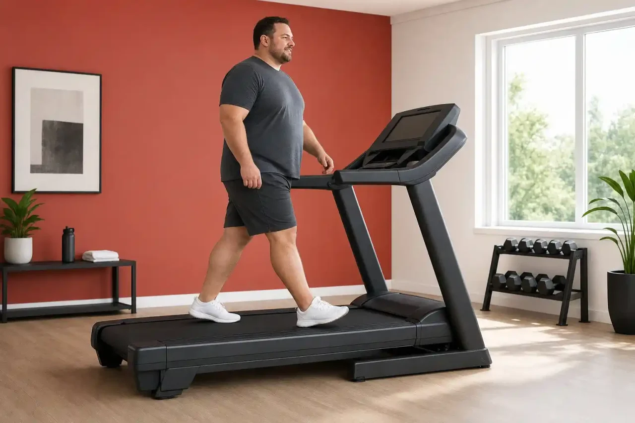 400-lb capacity treadmill for heavy people used by a large-framed adult at home.