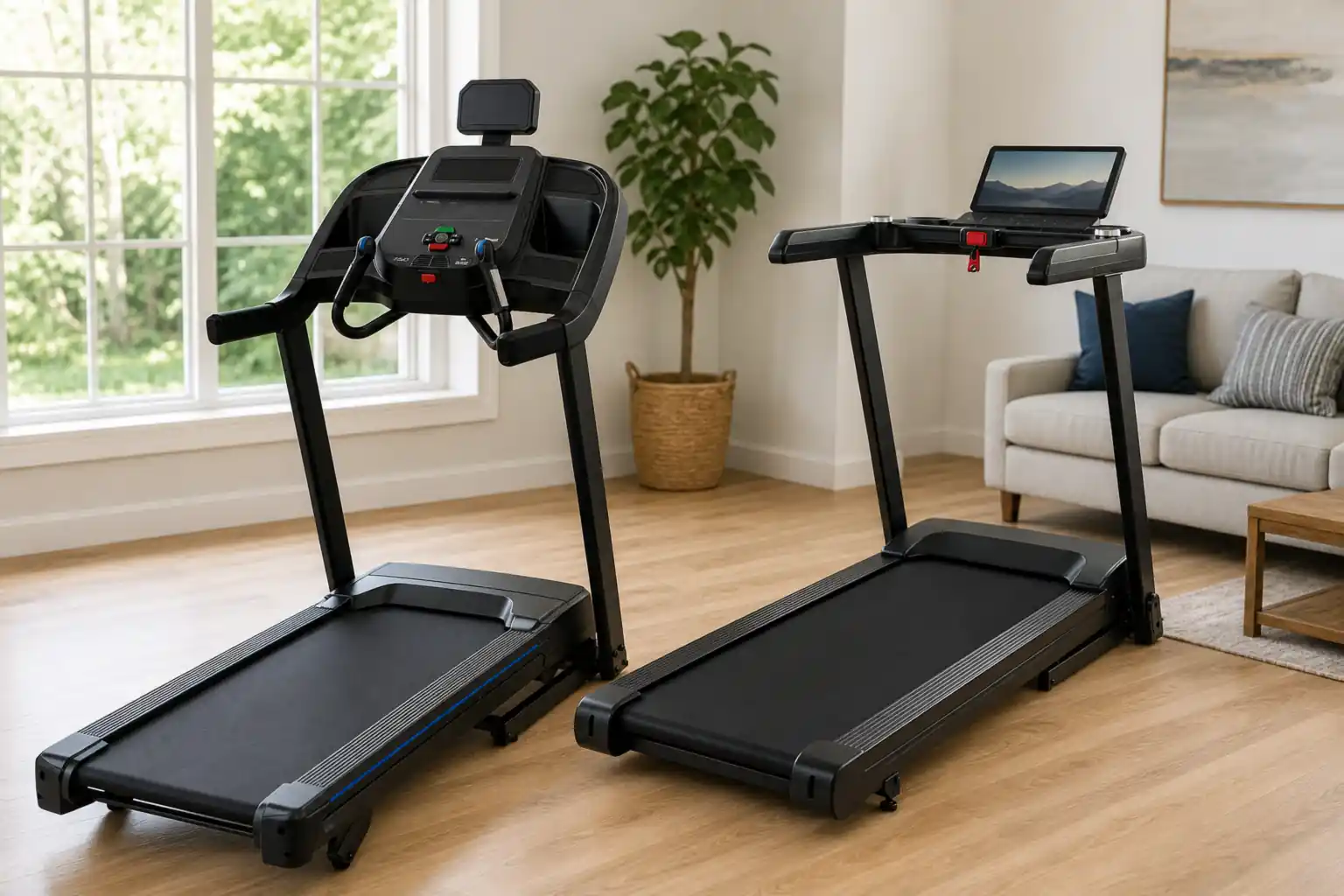 Horizon 7.0 AT and Sole F63 (2026) treadmills side by side in a home