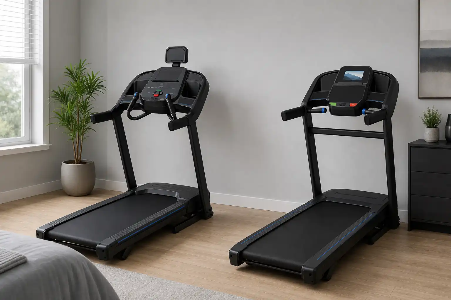 Horizon 7.0 AT and Horizon T202 treadmills side by side in a home