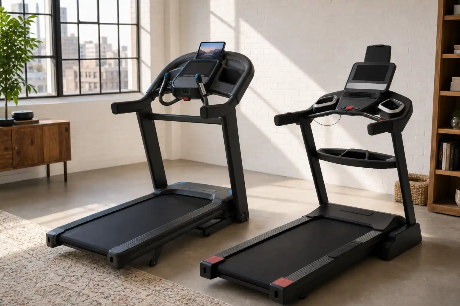 Horizon 7.4 AT and Sole F65 treadmills side by side in a home