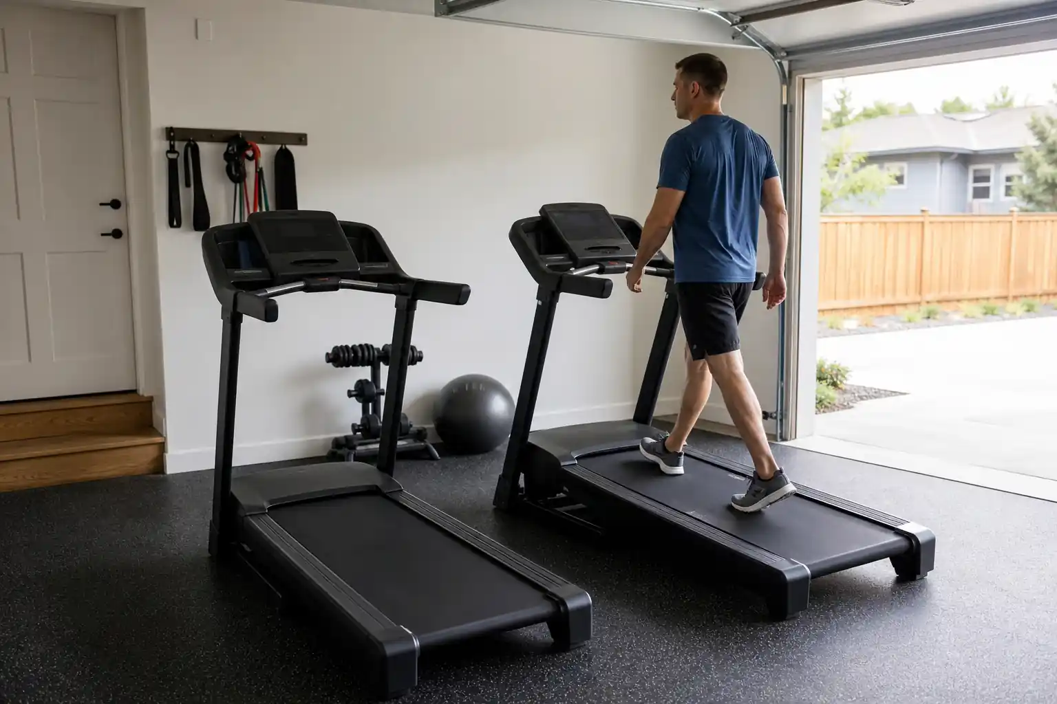 Horizon 7.4 at vs sole f80: two generic black home treadmills side by side in a converted garage gym with an open door to the driveway, a man in runni