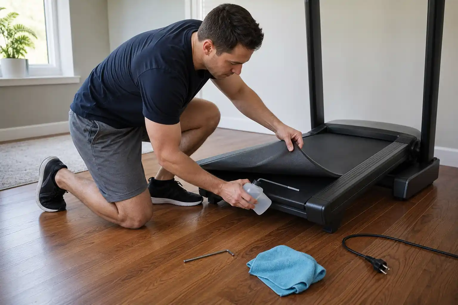 How to lubricate a treadmill: a person kneeling beside an unplugged black home treadmill, lifting the edge of the running belt with one hand and apply