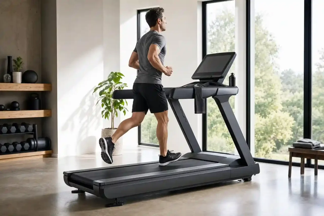 Man running on a premium treadmill in a spacious home gym with large windows and fitness equipment in the background