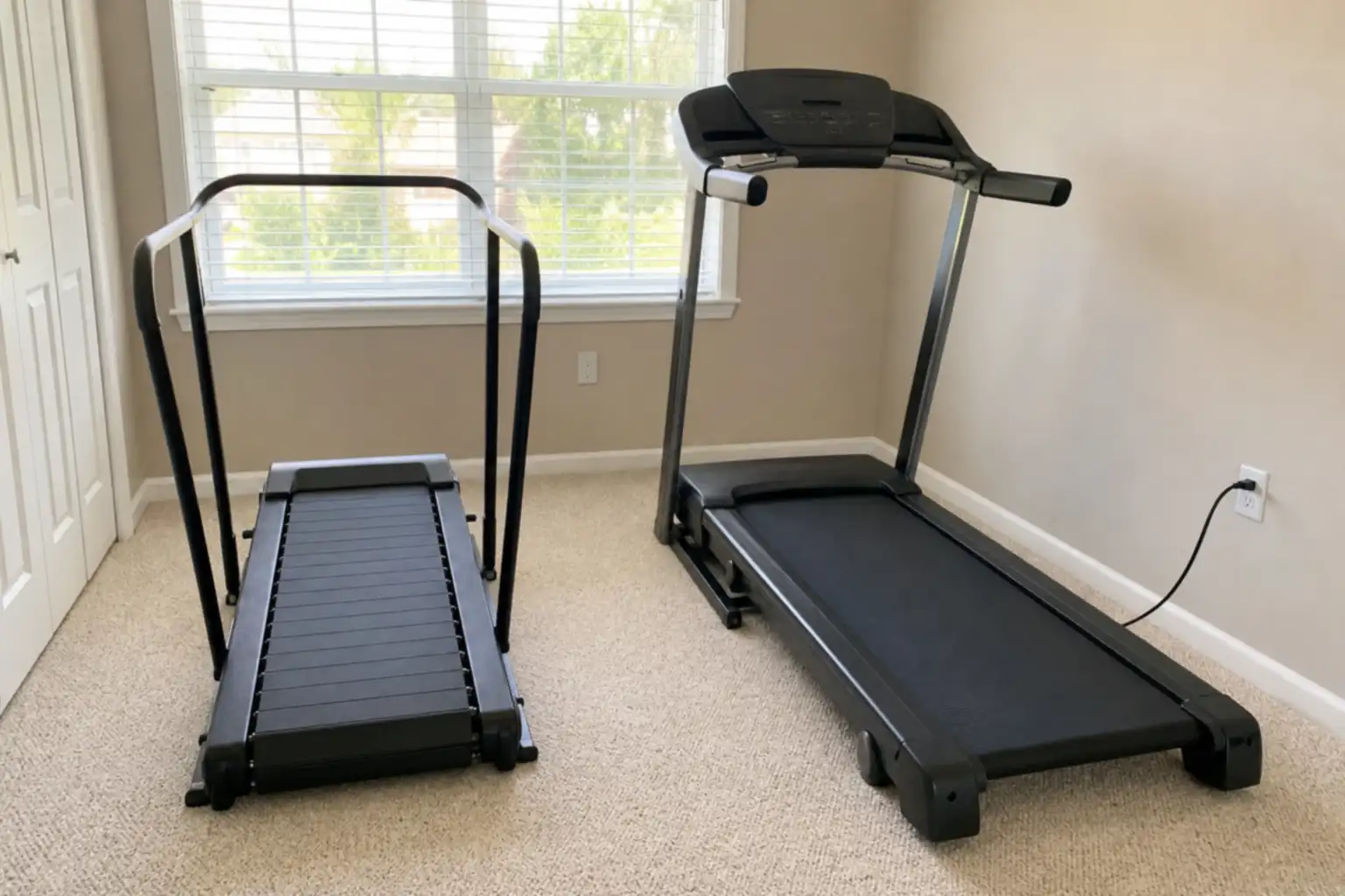 Manual vs electric treadmill: a spare room with a compact black manual walking treadmill with short handrails and a fixed inclined deck beside a black