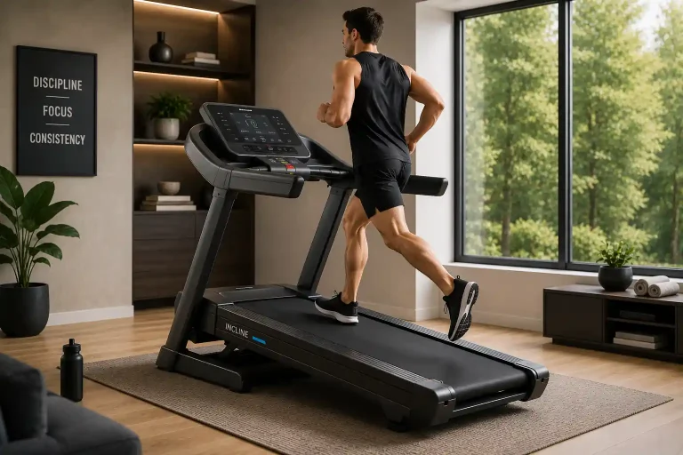 Man running on a premium motorized treadmill with incline in a modern home gym