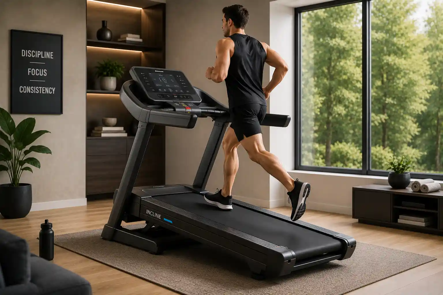 Person running on a durable full-size treadmill in a home gym