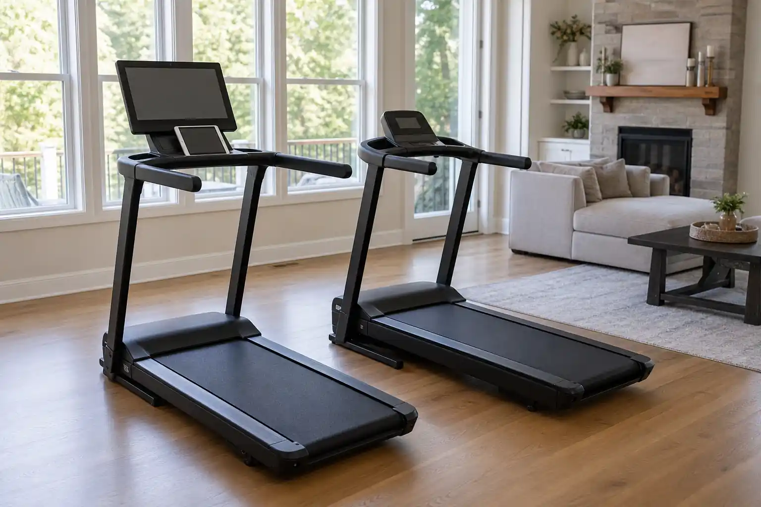 Nordictrack vs proform: two generic black folding treadmills side by side in a bright living room, one with a large touchscreen console and one with a