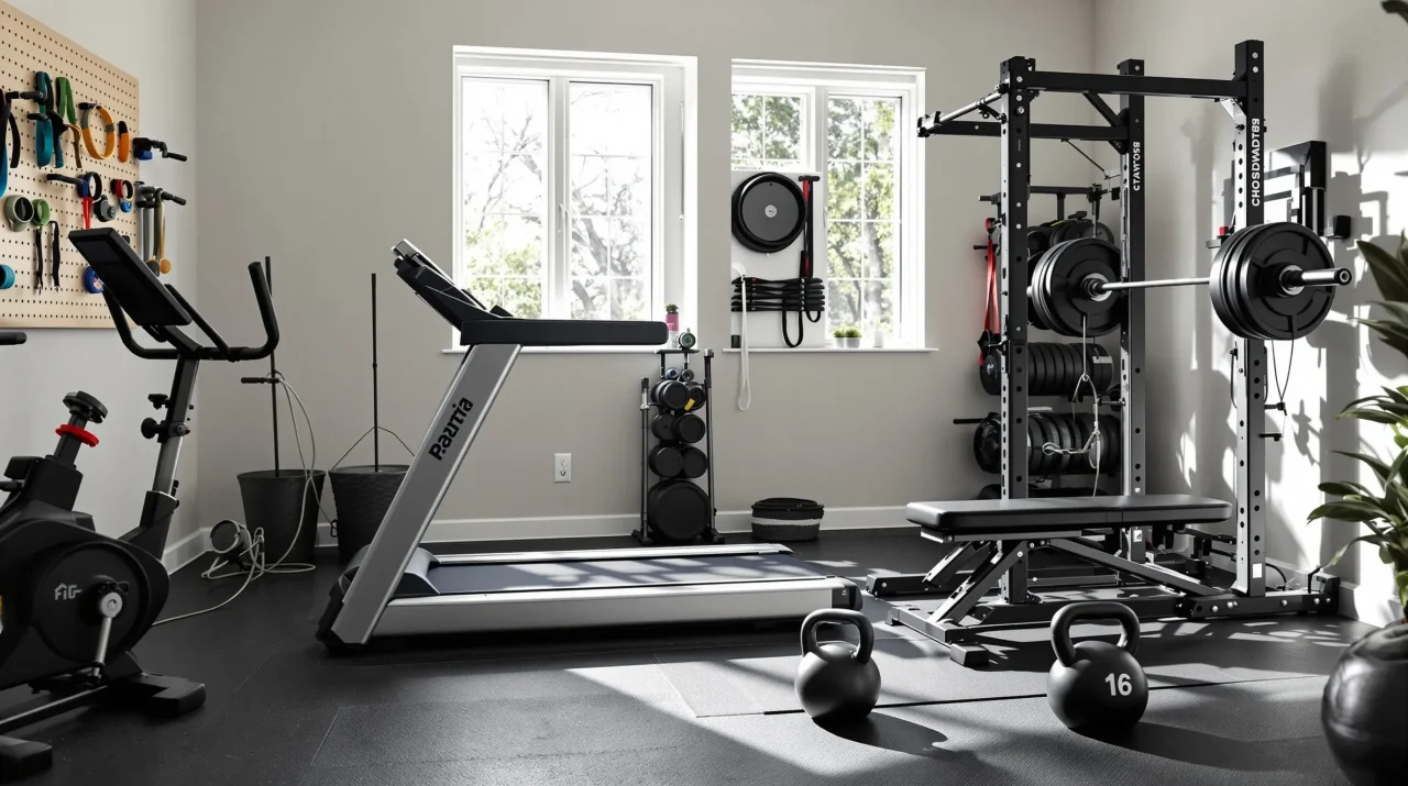 organized u s home gym with treadmill rack rower bike and free weights