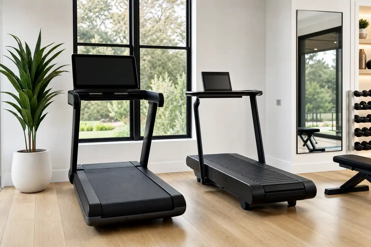 NordicTrack Commercial 2450 and Peloton Tread treadmills side by side in a home
