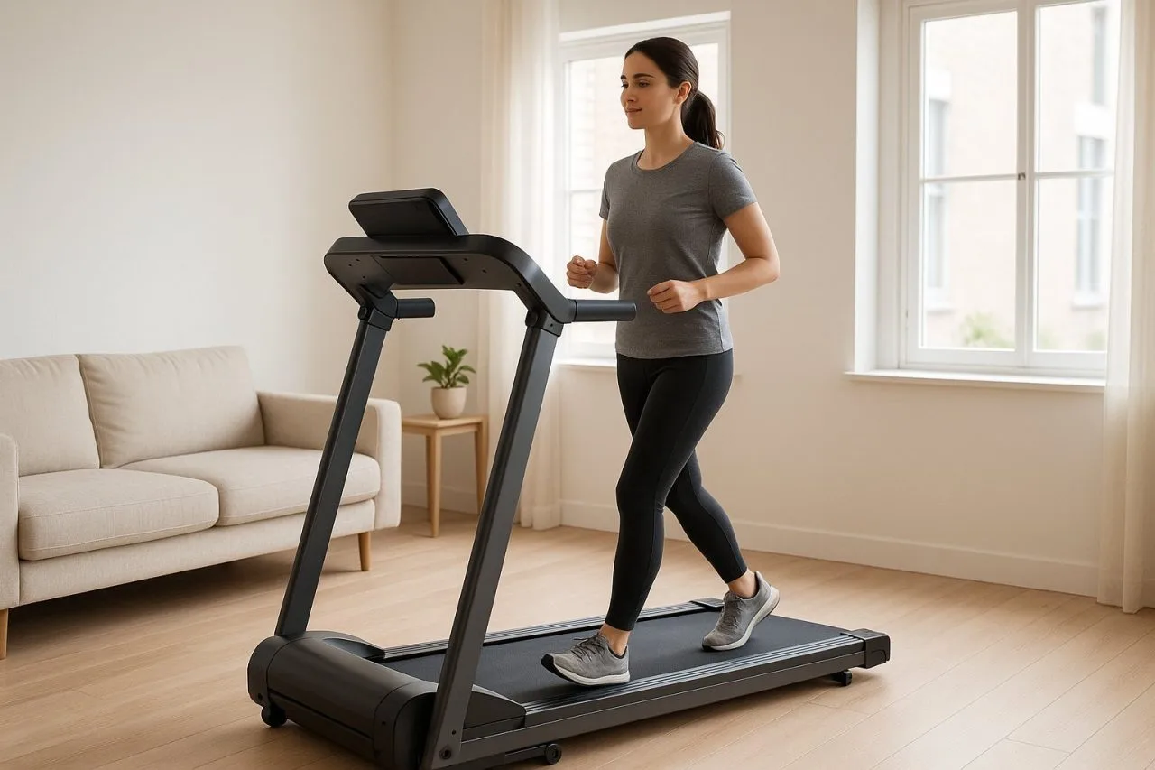 person lightly jogging on a folding treadmill in a modern apartment