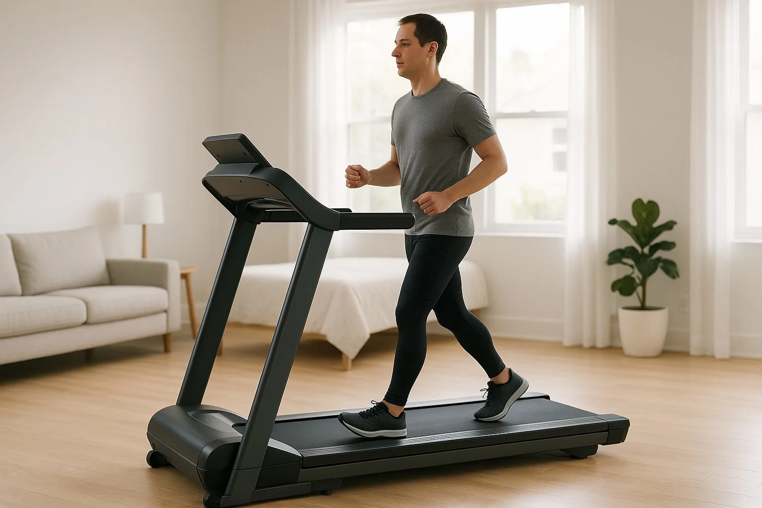 person walking on a treadmill in a bright modern home