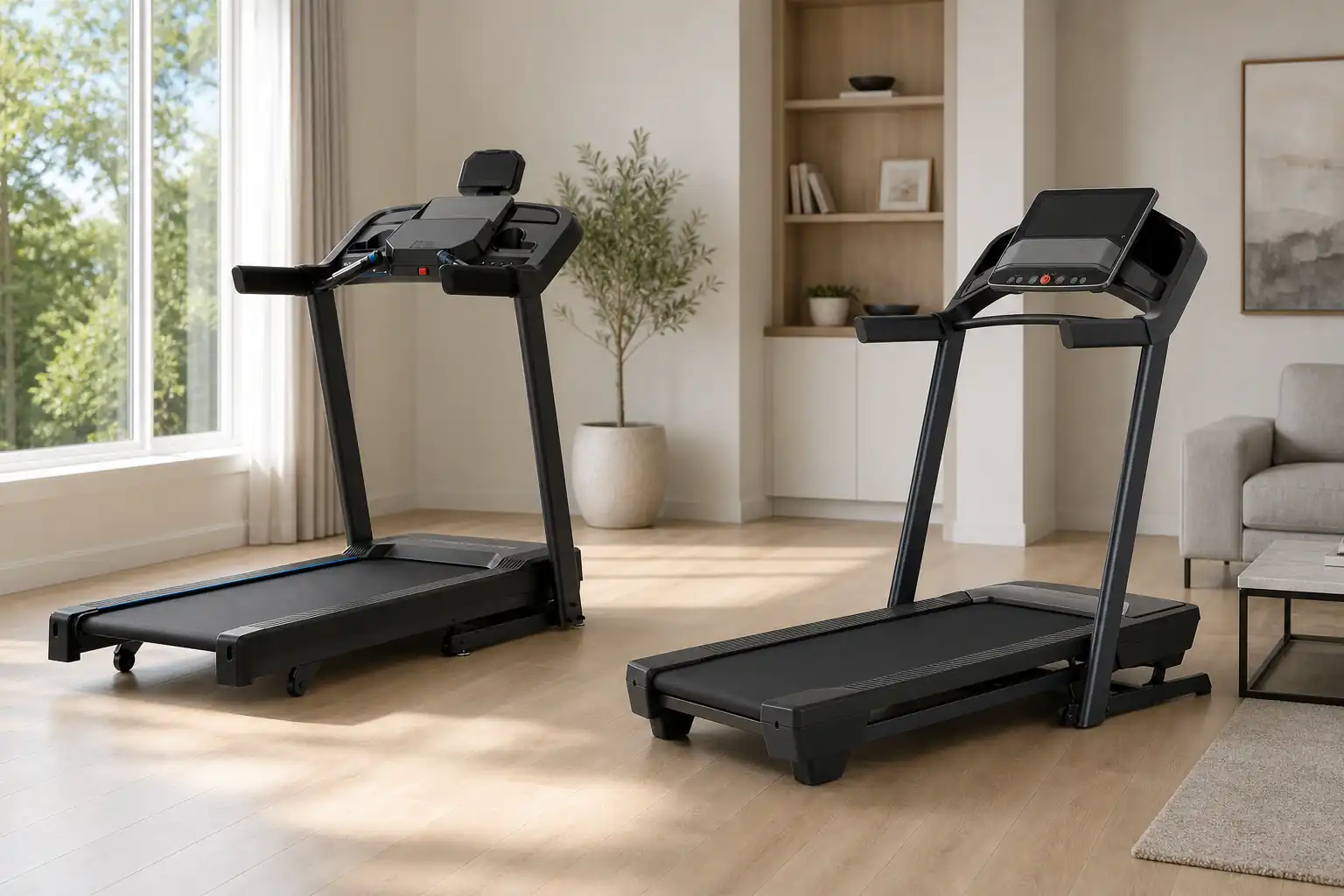 Horizon T101 and ProForm Carbon TL treadmills side by side in a home