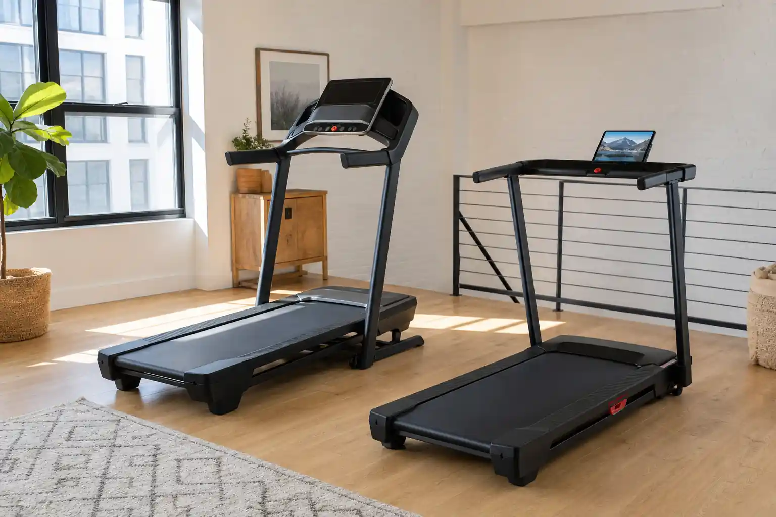 ProForm Carbon TL and NordicTrack T Series 5 treadmills side by side in a home