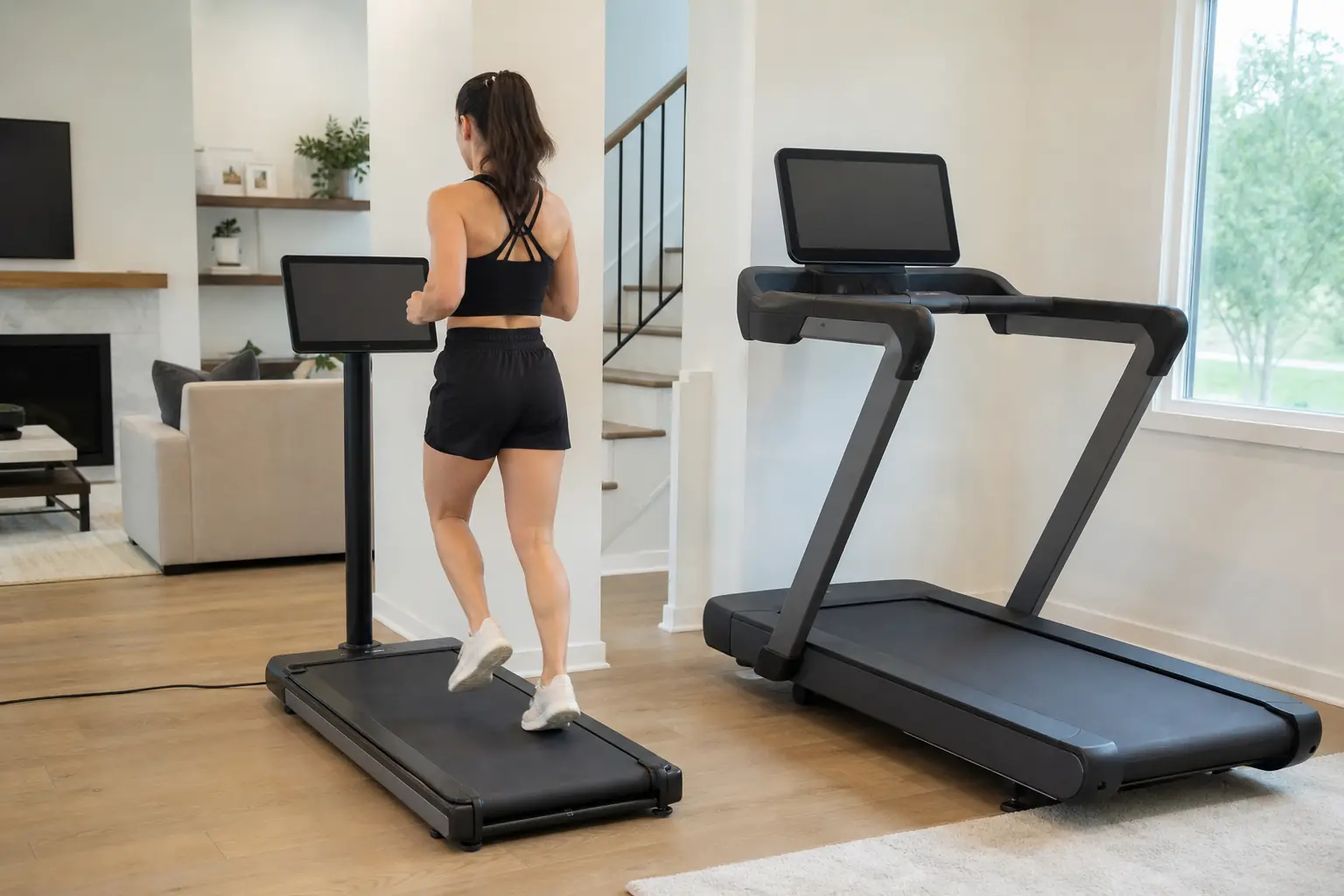 Proform pro 9000 vs nordictrack 2450: a woman jogging on a black folding treadmill with a large touchscreen next to a second, bigger treadmill in a mo