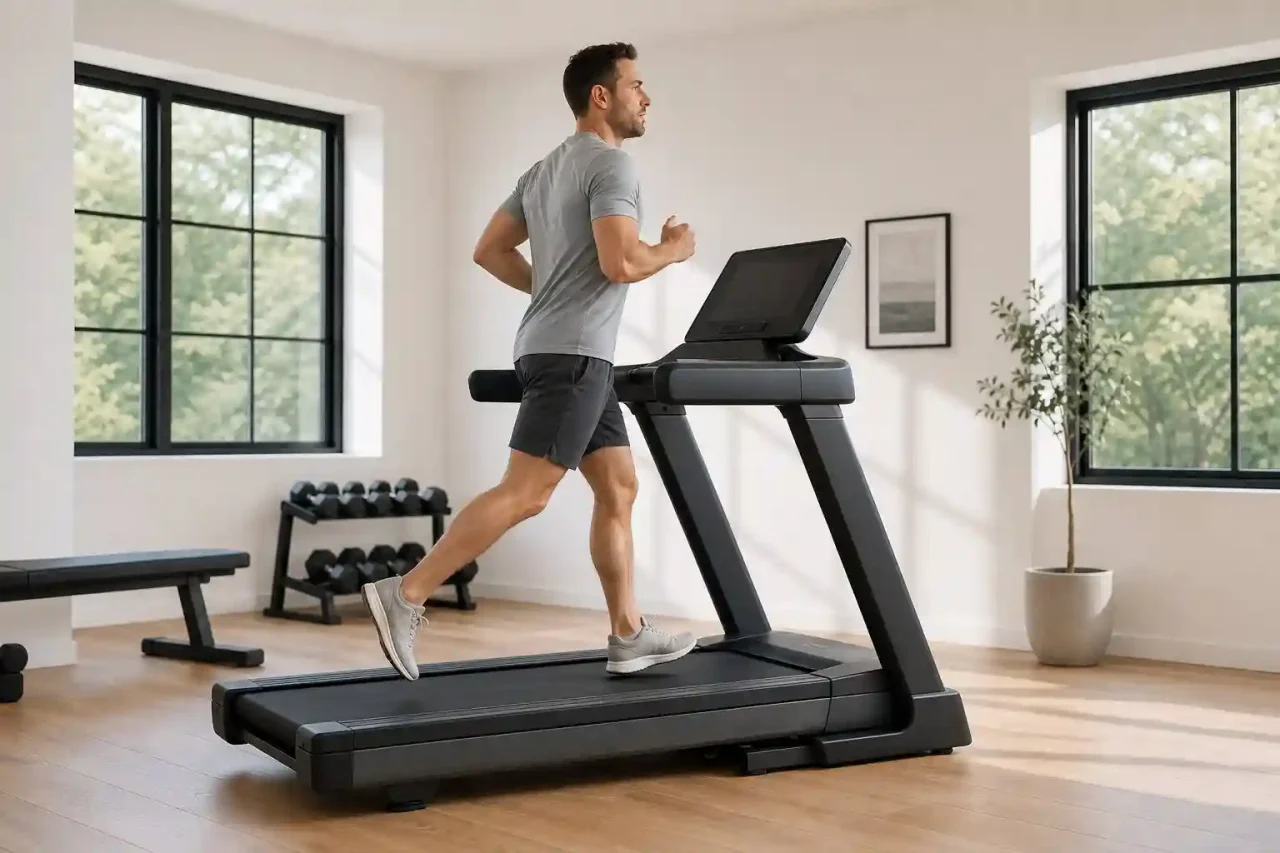 Runner using a treadmill in a bright home fitness room with large windows, wood flooring, and dumbbells in the background