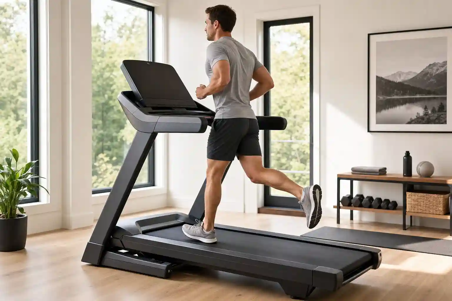 Smart treadmill used in a modern home gym