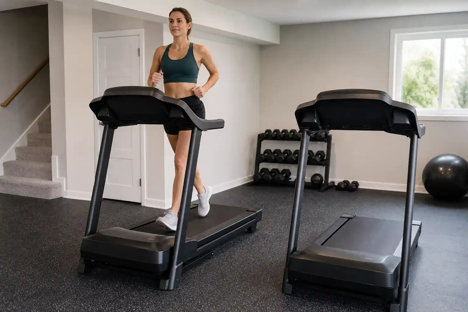 Sole f80 vs nordictrack 1750: two generic black home treadmills side by side in a finished basement home gym with rubber flooring, a woman in running