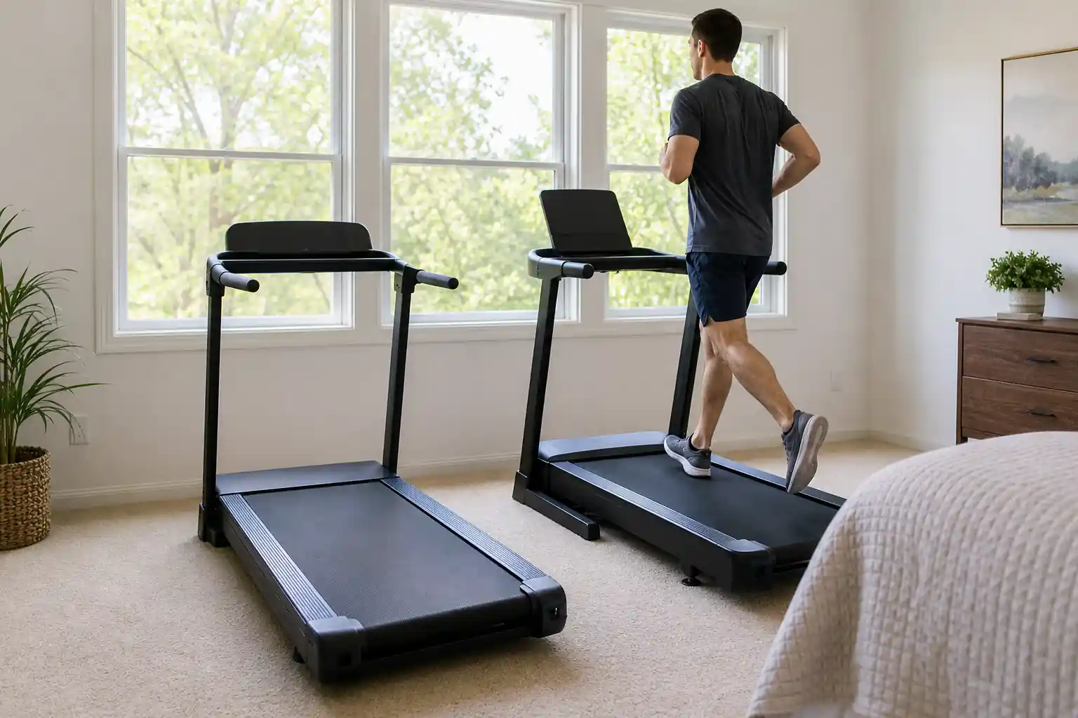 Sole vs bowflex treadmill: two generic black folding treadmills side by side in a sunlit spare bedroom home gym, one with a wide running deck and one