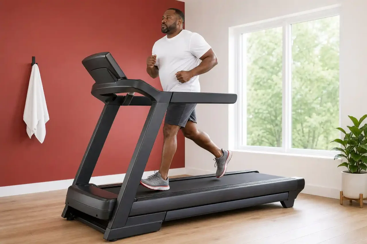 Beginner Treadmill for Home Fitness Heavy man exercising on a stable treadmill in a modern home gym
