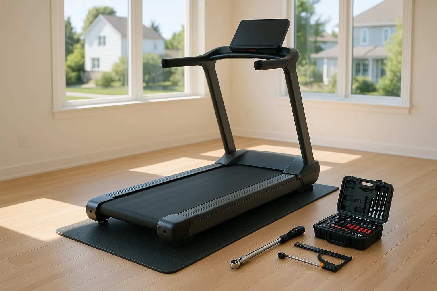sunlit home gym with a sleek treadmill and neatly arranged tools indicating professional installatio