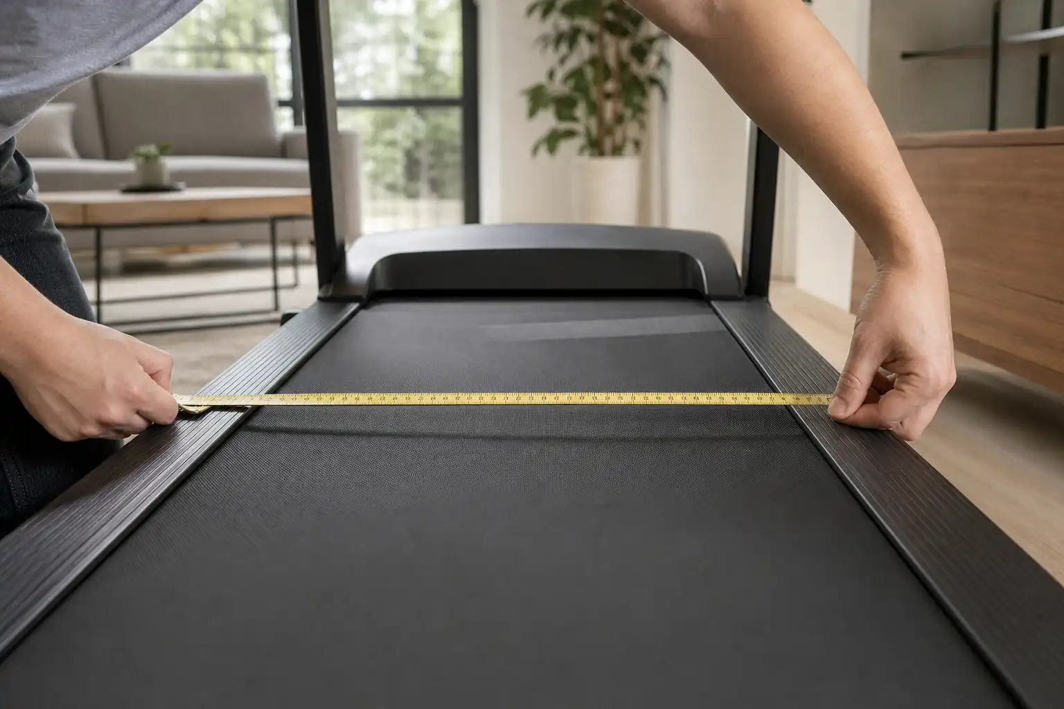 Measuring the width of a treadmill running belt with a tape measure