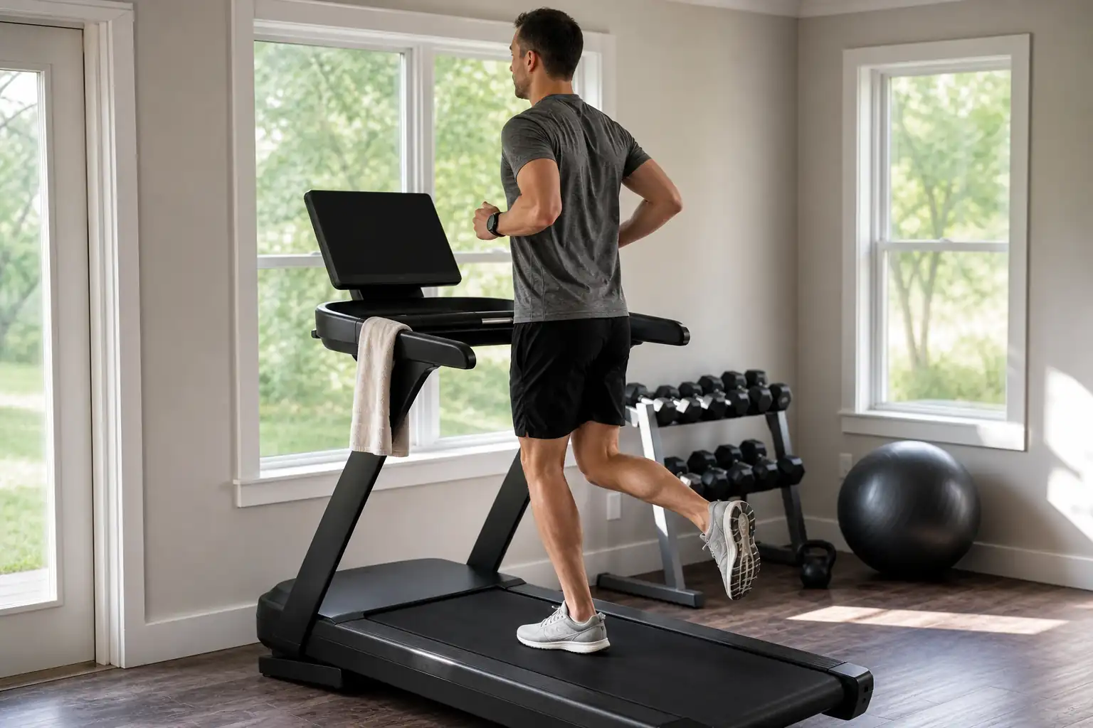 Treadmill calories burned: a runner jogging at a steady pace on a black home treadmill in a bright home gym room, sweat towel draped on the side rail