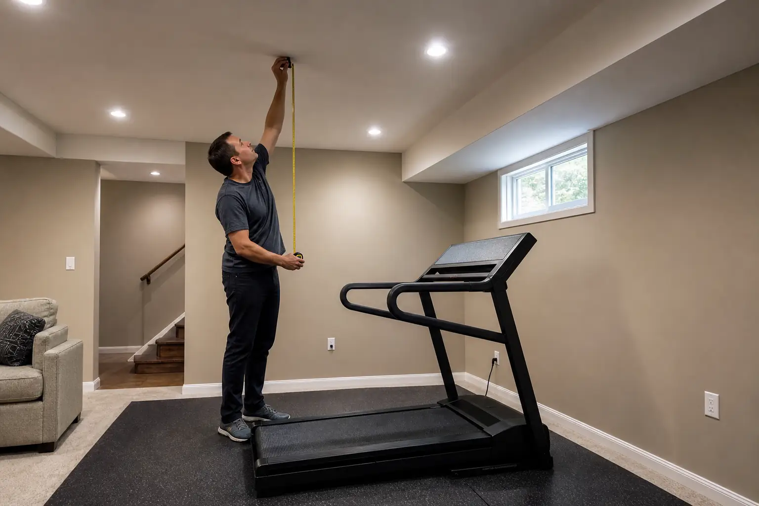 Measuring the ceiling height above a home treadmill in a basement