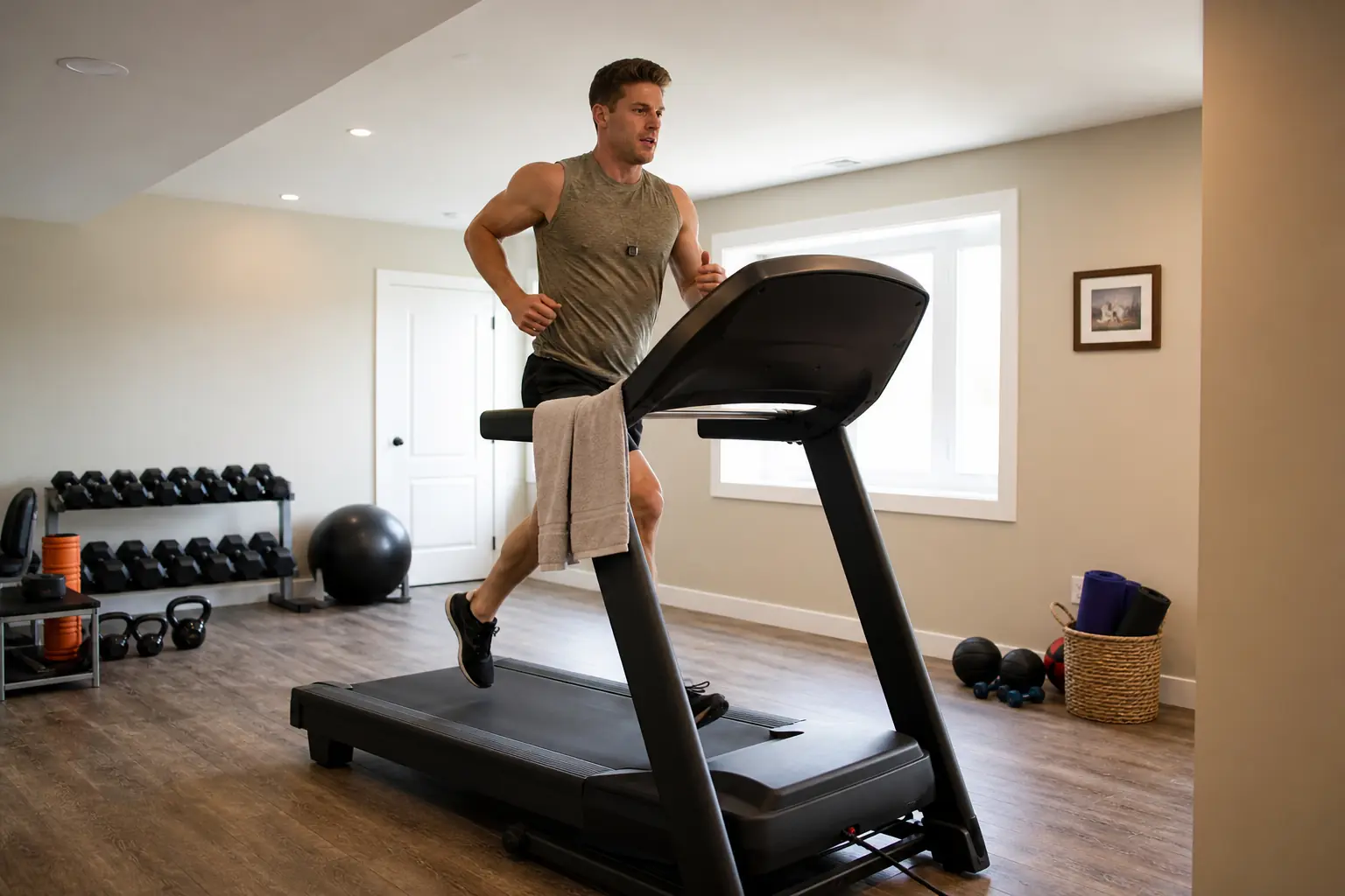 Treadmill hiit workouts: a man in running gear sprinting during an interval on a generic black full-size home treadmill with a safety key clipped to h