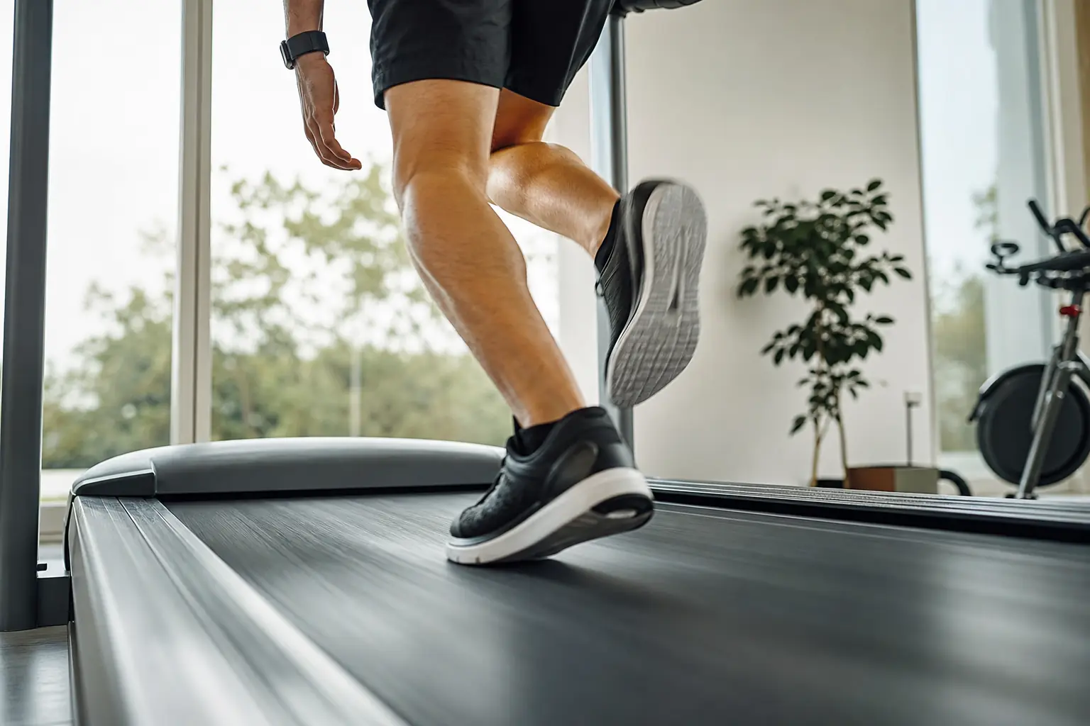 Runner on a home treadmill wearing a sports watch