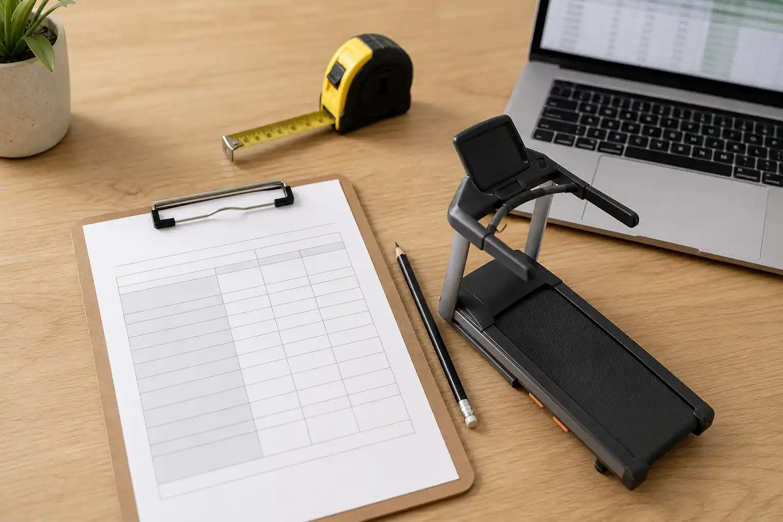 Spec sheet, tape measure and a small treadmill model on a desk