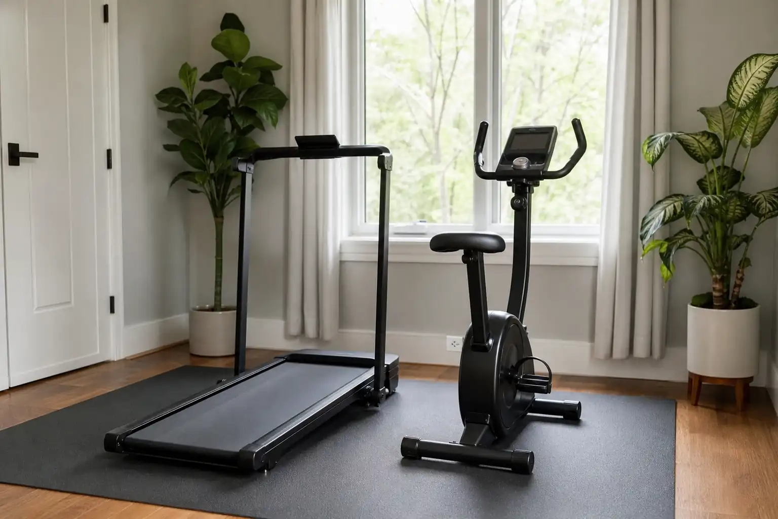 Treadmill vs exercise bike: a home exercise room with a black folding treadmill and a black upright exercise bike side by side on a floor mat, plants