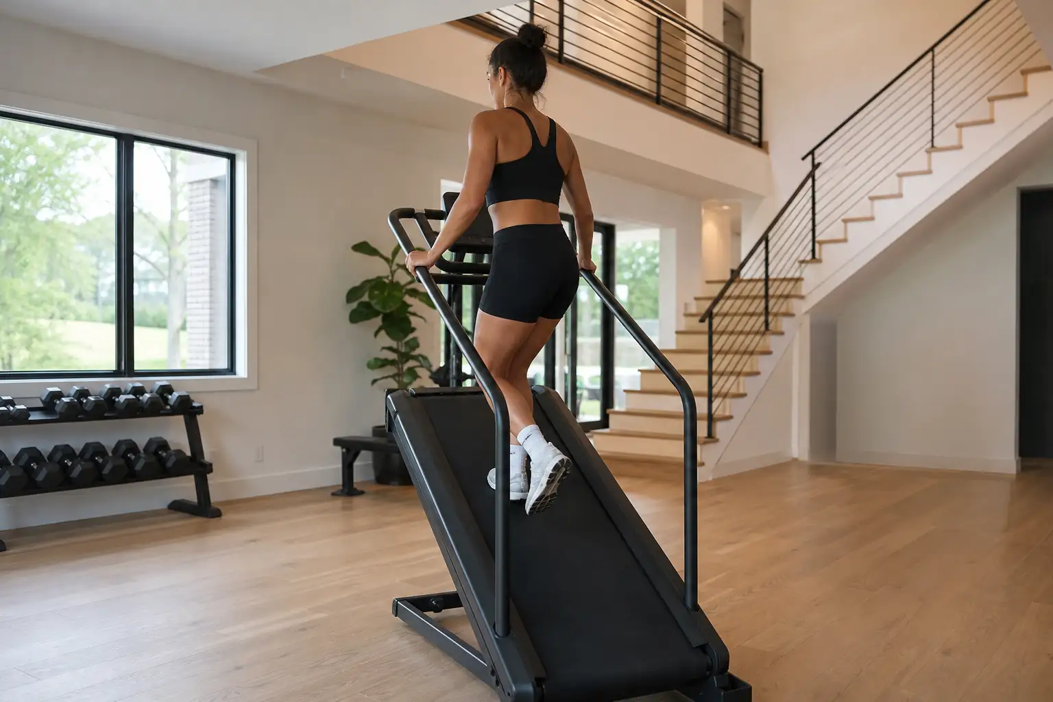 Treadmill vs stairmaster: a woman in athletic wear walking on a black treadmill raised to a steep incline in a spacious home gym, with a staircase vis