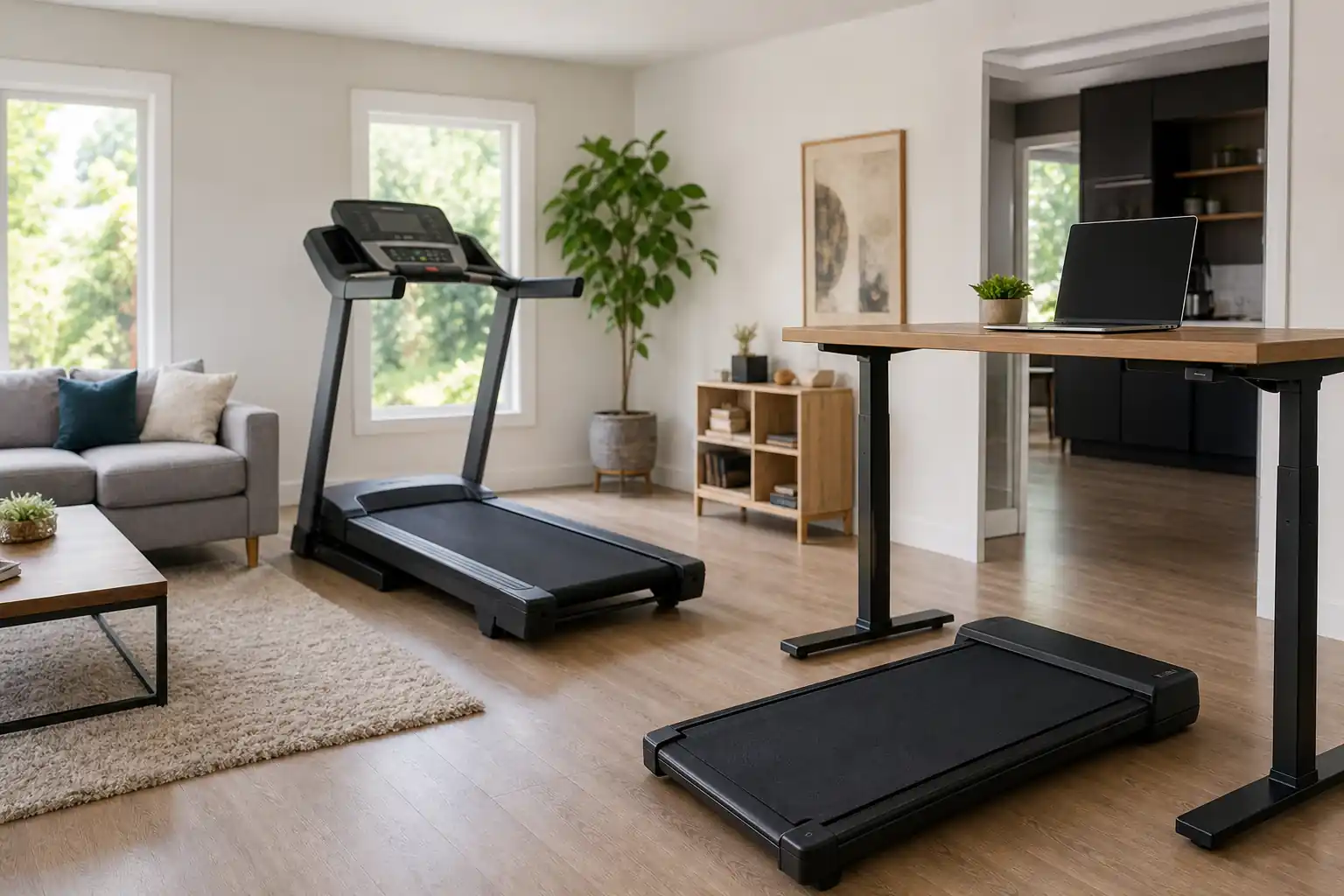 Treadmill vs walking pad: a bright living room with a full-size black folding treadmill with handrails and console on one side and a slim flat black w
