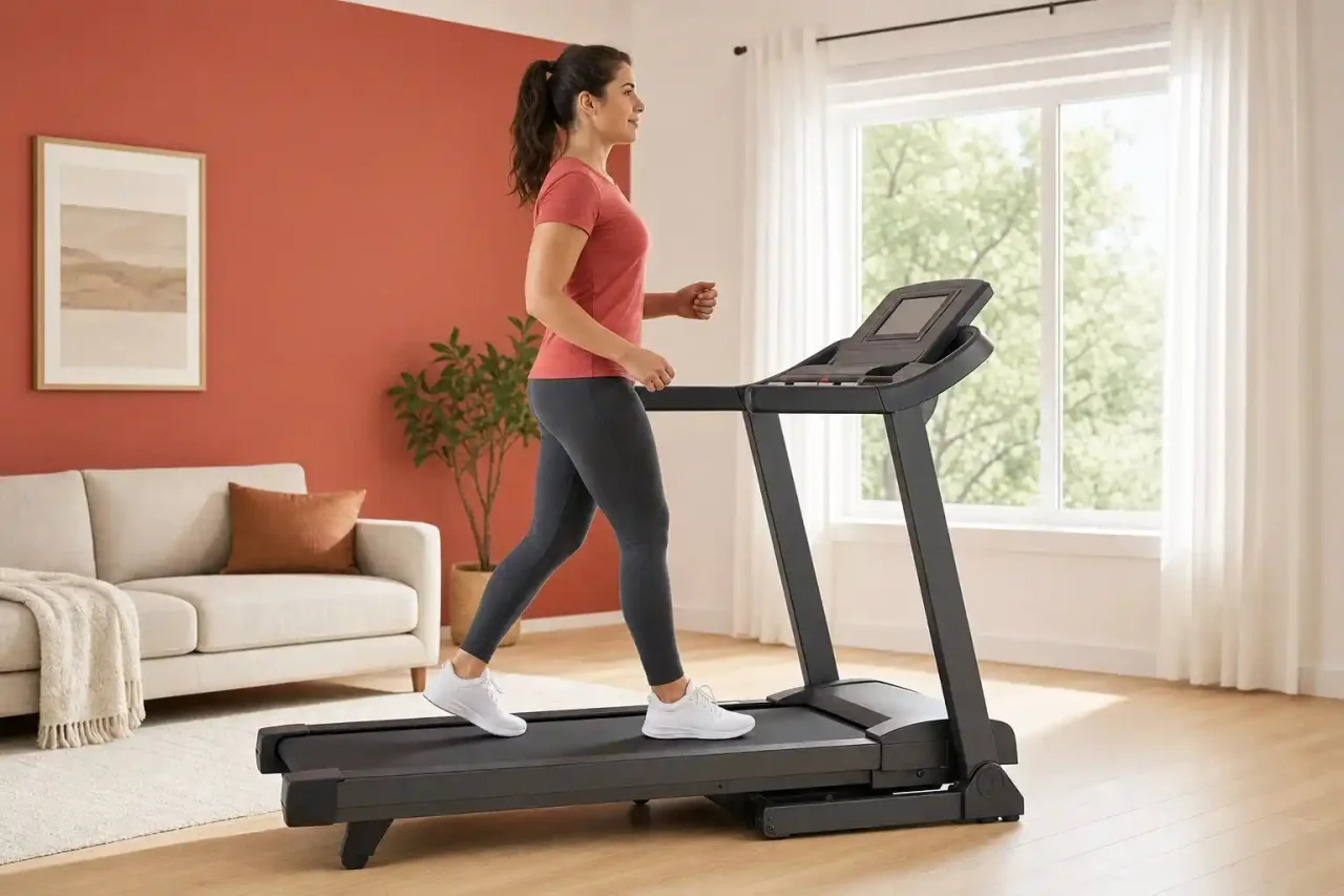 Woman walking on a home treadmill during a beginner cardio workout.