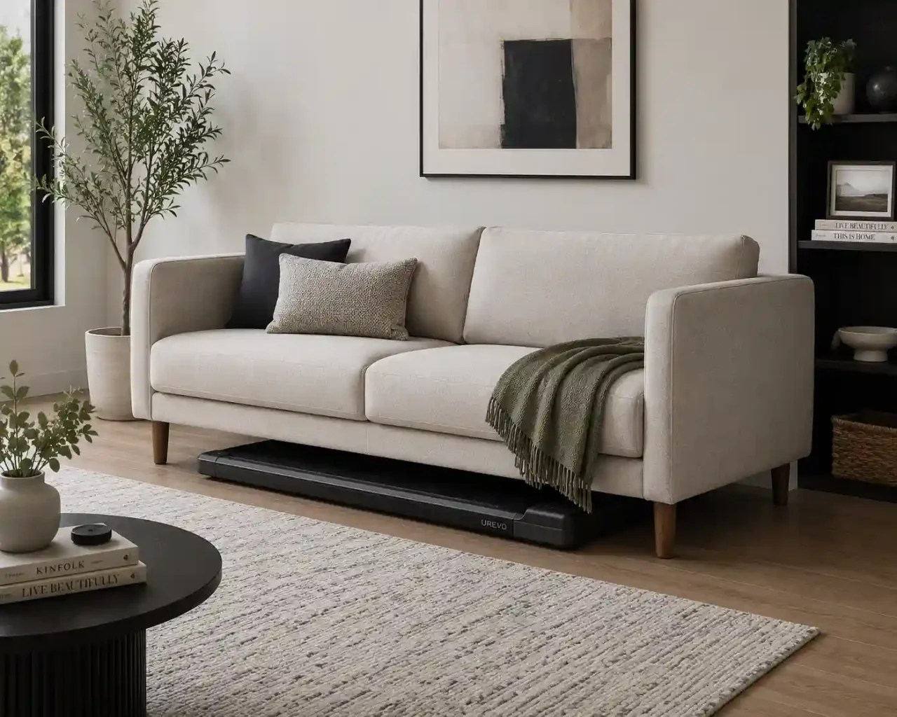 Walking pad stored under a sofa in a modern living room