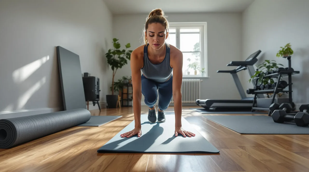 Home workout with fitness equipment including treadmill and woman doing plank exercise on mat